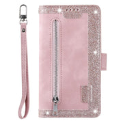For iPhone 16e Nine Card Zipper Bag Leather Phone Case with Lanyard(Pink)