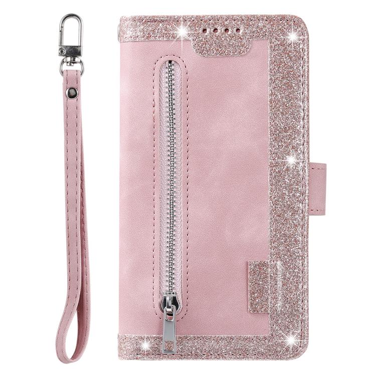 For iPhone 16e Nine Card Zipper Bag Leather Phone Case with Lanyard(Pink)