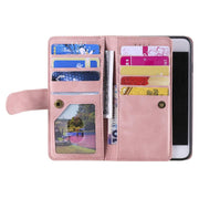 For iPhone 16e Nine Card Zipper Bag Leather Phone Case with Lanyard(Pink)
