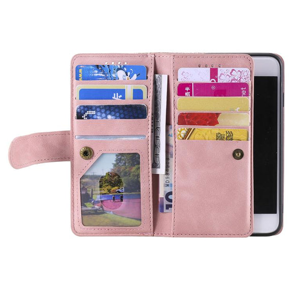 For iPhone 16e Nine Card Zipper Bag Leather Phone Case with Lanyard(Pink)