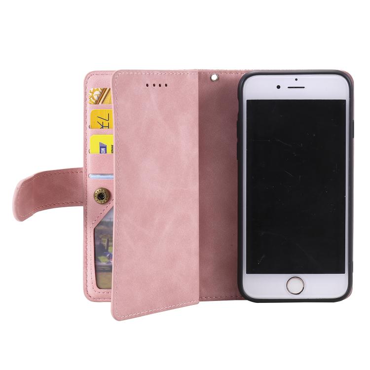 For iPhone 16e Nine Card Zipper Bag Leather Phone Case with Lanyard(Pink)
