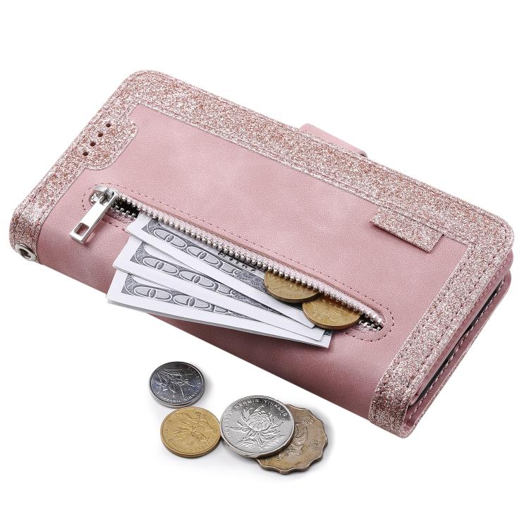 For iPhone 16e Nine Card Zipper Bag Leather Phone Case with Lanyard(Pink)