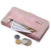For iPhone 16e Nine Card Zipper Bag Leather Phone Case with Lanyard(Pink)
