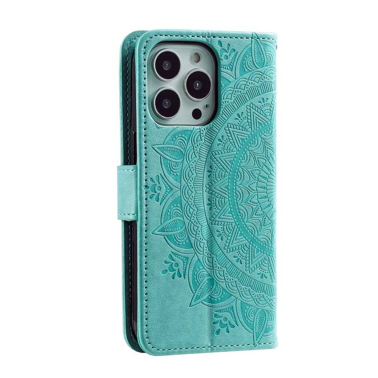 For iPhone 16 Pro Max Totem Flower Embossed Leather Phone Case(Green)
