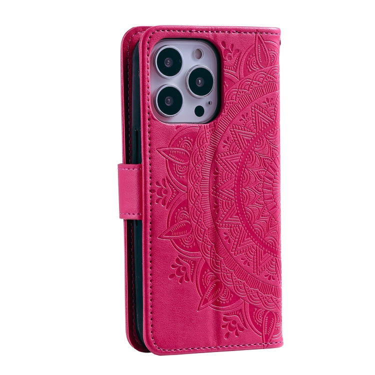 For iPhone 16 Pro Max Totem Flower Embossed Leather Phone Case(Red)
