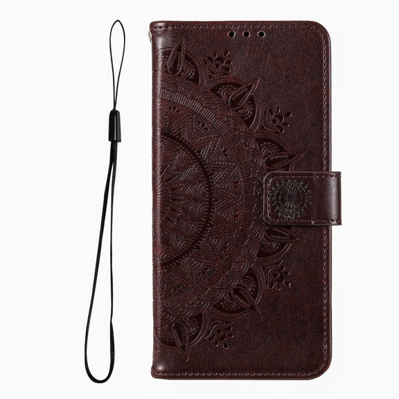 For iPhone 16 Pro Max Totem Flower Embossed Leather Phone Case(Brown)