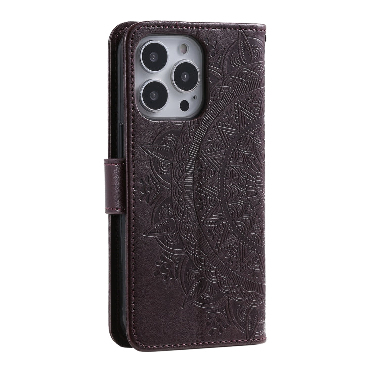For iPhone 16 Pro Max Totem Flower Embossed Leather Phone Case(Brown)