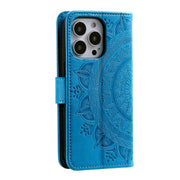 For iPhone 16 Pro Max Totem Flower Embossed Leather Phone Case(Blue)