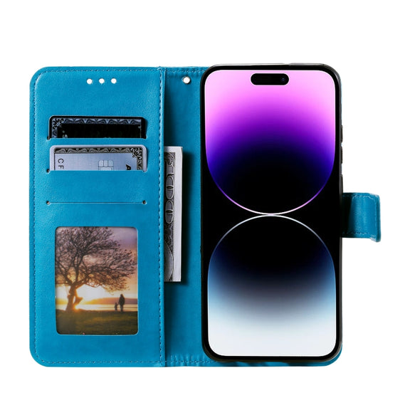 For iPhone 16 Pro Max Totem Flower Embossed Leather Phone Case(Blue)