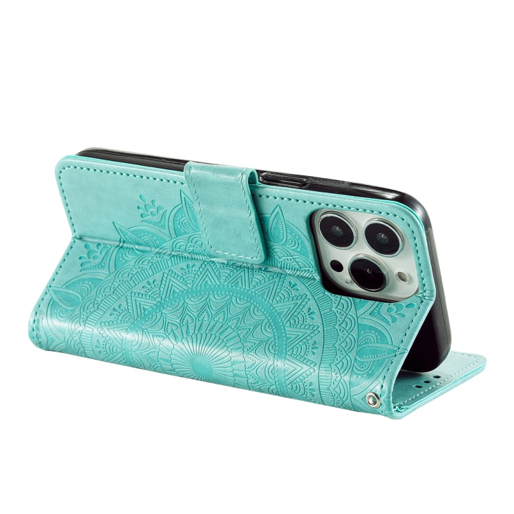 For iPhone 16 Pro Totem Flower Embossed Leather Phone Case(Green)