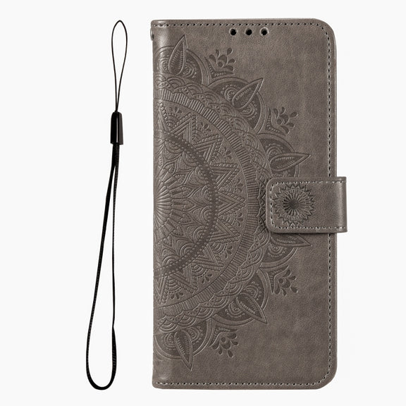 For iPhone 16 Pro Totem Flower Embossed Leather Phone Case(Grey)