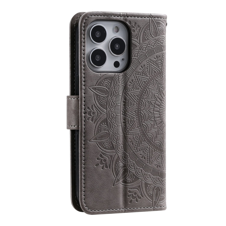 For iPhone 16 Pro Totem Flower Embossed Leather Phone Case(Grey)
