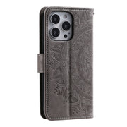 For iPhone 16 Pro Totem Flower Embossed Leather Phone Case(Grey)