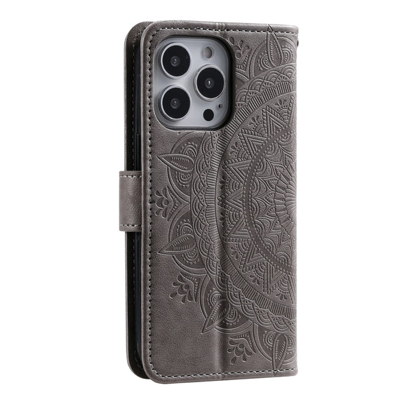 For iPhone 16 Pro Totem Flower Embossed Leather Phone Case(Grey)