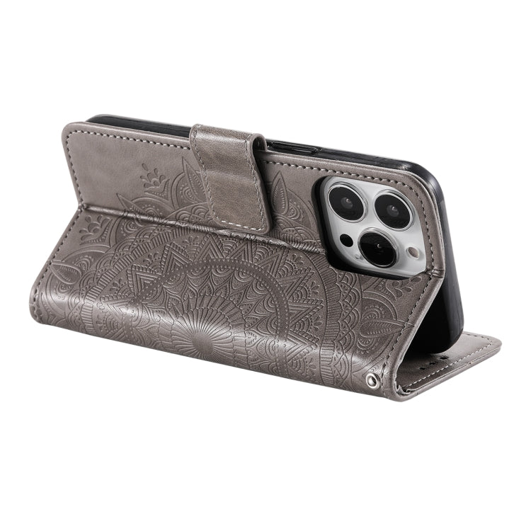 For iPhone 16 Pro Totem Flower Embossed Leather Phone Case(Grey)