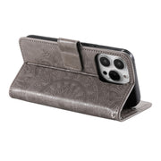 For iPhone 16 Pro Totem Flower Embossed Leather Phone Case(Grey)