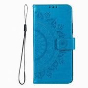 For iPhone 16 Pro Totem Flower Embossed Leather Phone Case(Blue)