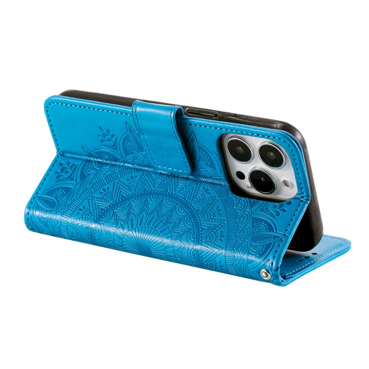 For iPhone 16 Pro Totem Flower Embossed Leather Phone Case(Blue)