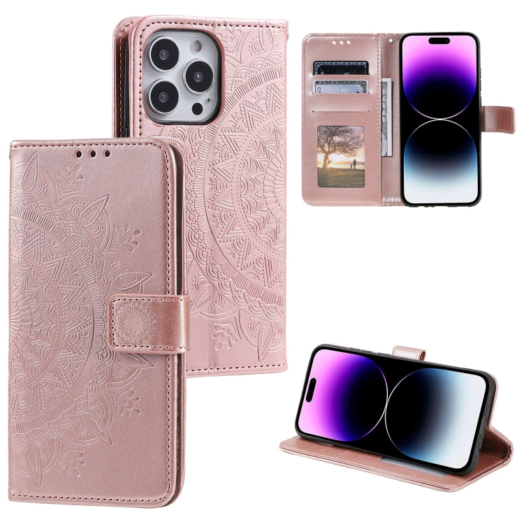 For iPhone 16 Pro Totem Flower Embossed Leather Phone Case(Rose Gold)
