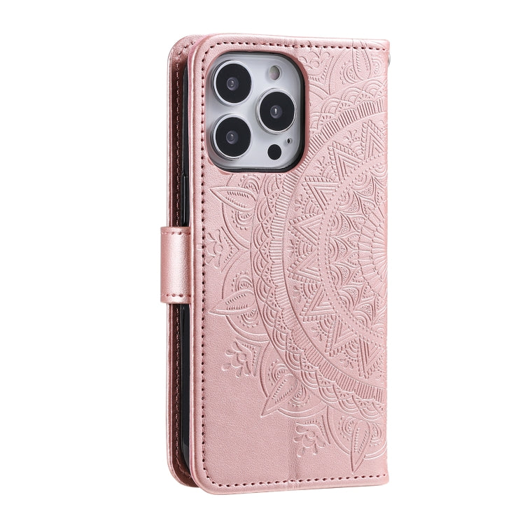 For iPhone 16 Pro Totem Flower Embossed Leather Phone Case(Rose Gold)