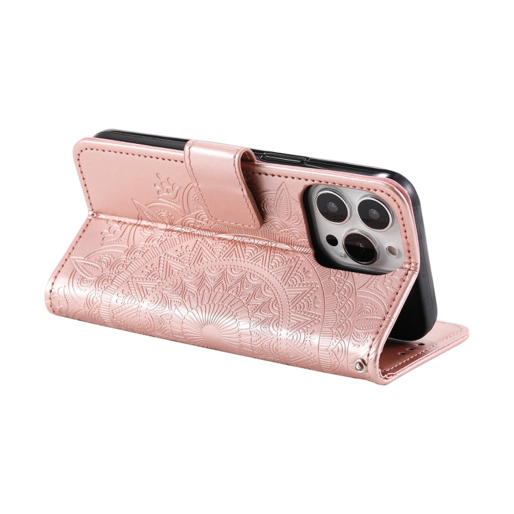 For iPhone 16 Pro Totem Flower Embossed Leather Phone Case(Rose Gold)