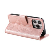 For iPhone 16 Pro Totem Flower Embossed Leather Phone Case(Rose Gold)