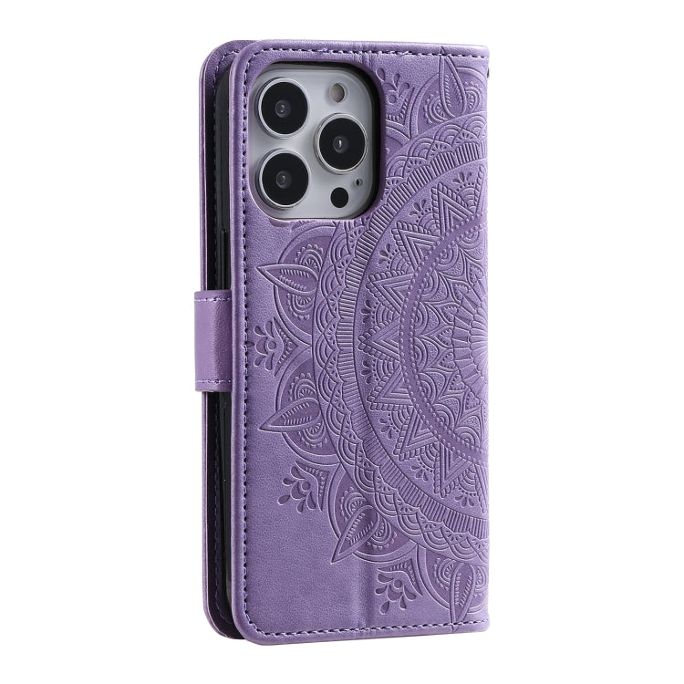 For iPhone 16 Pro Totem Flower Embossed Leather Phone Case(Purple)