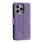 For iPhone 16 Pro Totem Flower Embossed Leather Phone Case(Purple)