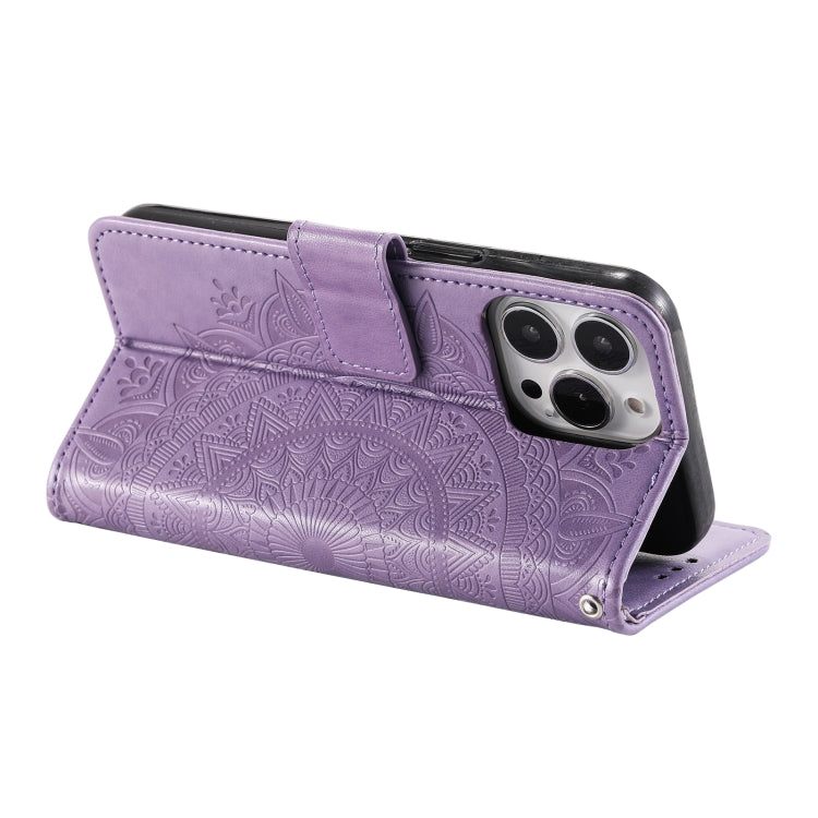For iPhone 16 Pro Totem Flower Embossed Leather Phone Case(Purple)