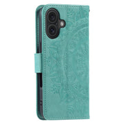 For iPhone 16 Plus Totem Flower Embossed Leather Phone Case(Green)