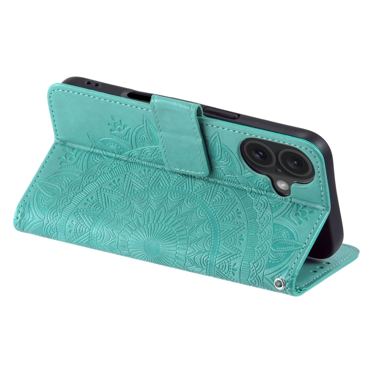 For iPhone 16 Plus Totem Flower Embossed Leather Phone Case(Green)
