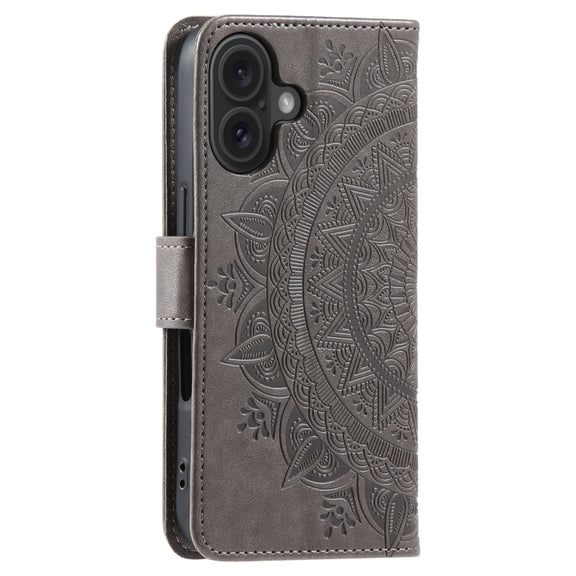 For iPhone 16 Plus Totem Flower Embossed Leather Phone Case(Grey)
