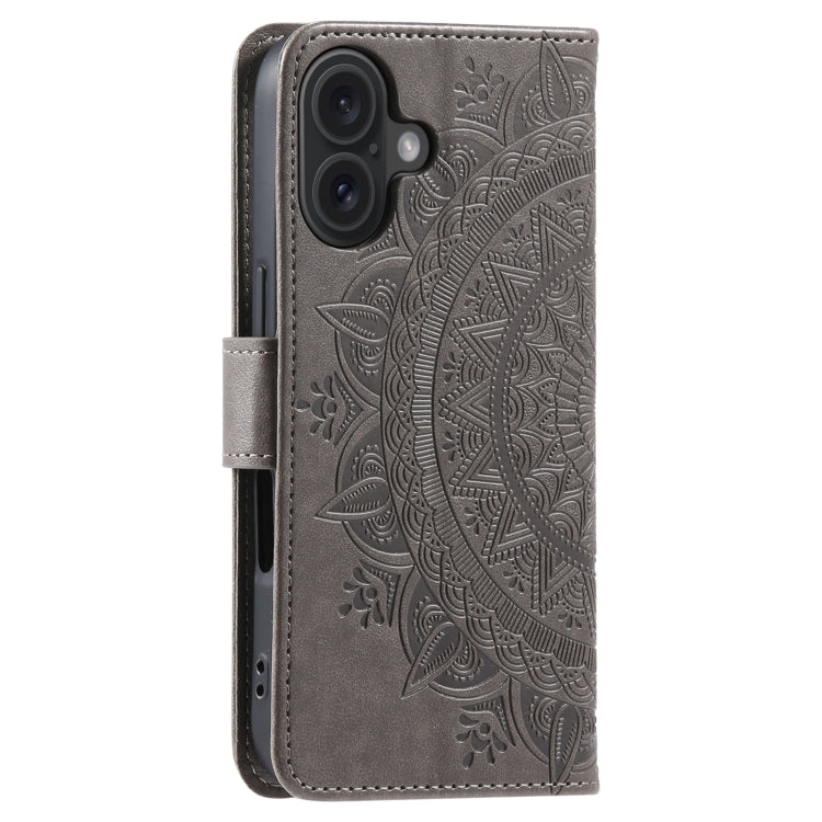 For iPhone 16 Plus Totem Flower Embossed Leather Phone Case(Grey)