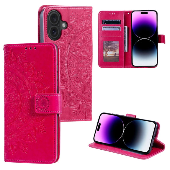 For iPhone 16 Plus Totem Flower Embossed Leather Phone Case(Red)