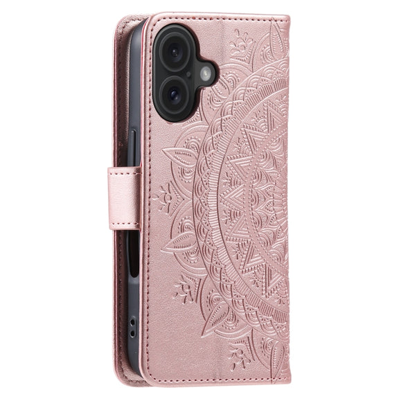 For iPhone 16 Plus Totem Flower Embossed Leather Phone Case(Rose Gold)
