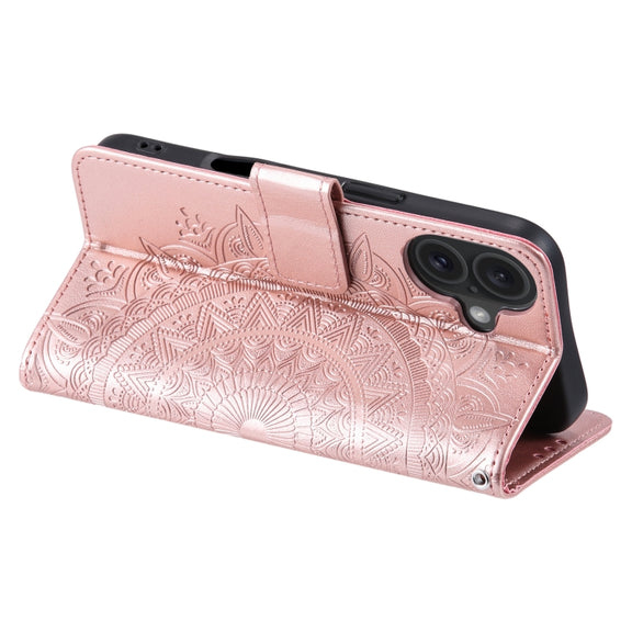 For iPhone 16 Plus Totem Flower Embossed Leather Phone Case(Rose Gold)