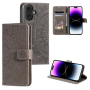 For iPhone 16 Totem Flower Embossed Leather Phone Case(Grey)