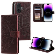 For iPhone 16 Totem Flower Embossed Leather Phone Case(Brown)