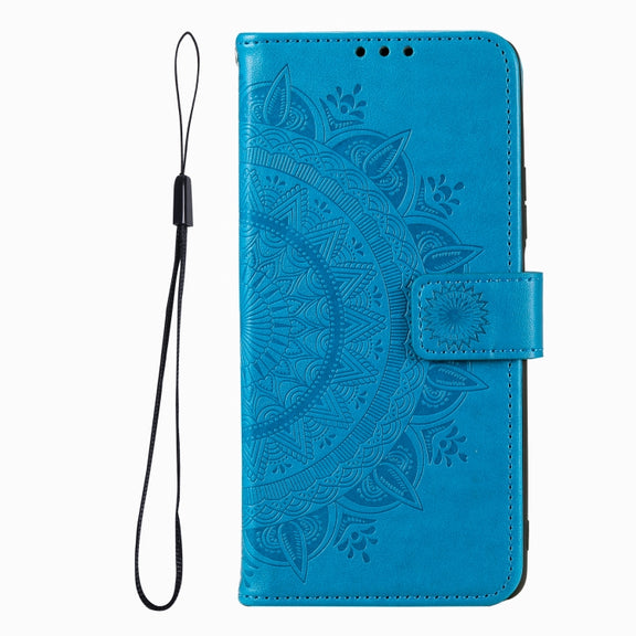 For iPhone 16 Totem Flower Embossed Leather Phone Case(Blue)