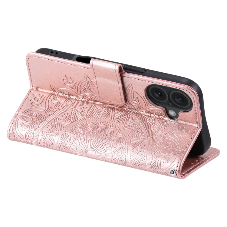 For iPhone 16 Totem Flower Embossed Leather Phone Case(Rose Gold)