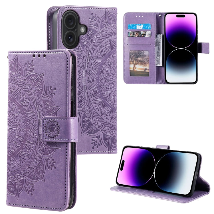 For iPhone 16 Totem Flower Embossed Leather Phone Case(Purple)