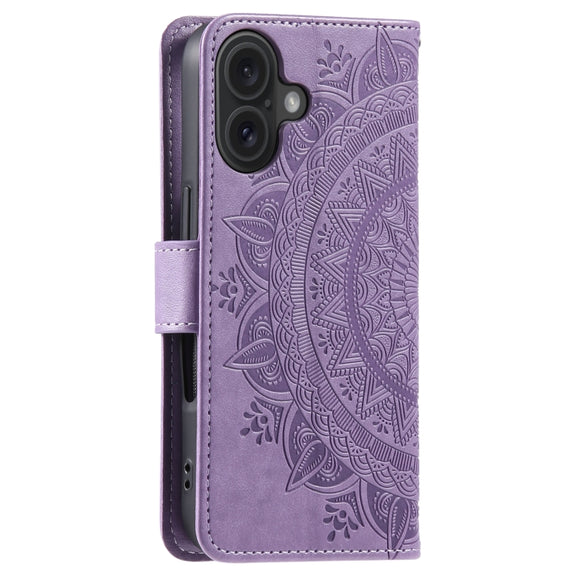 For iPhone 16 Totem Flower Embossed Leather Phone Case(Purple)