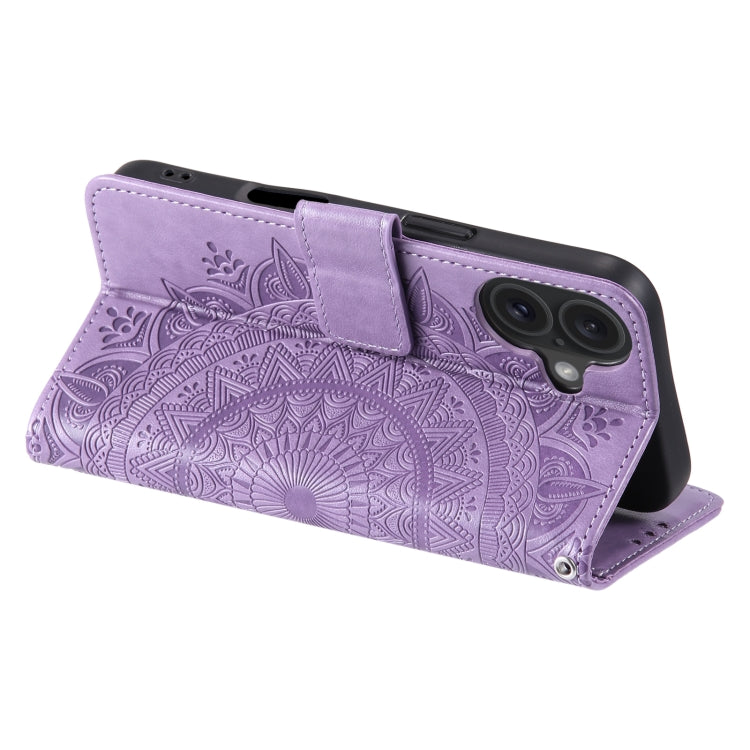 For iPhone 16 Totem Flower Embossed Leather Phone Case(Purple)