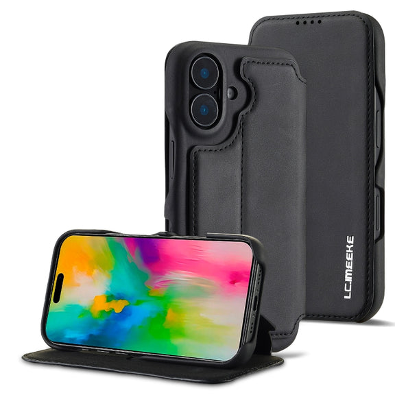 For iPhone 16 LC.IMEEKE Hon Ancient Series Flip Leather Phone Case(Black)