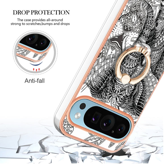 For Google Pixel 9 Pro XL Electroplating Dual-side IMD Phone Case with Ring Holder(Totem Elephant)