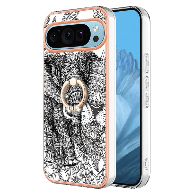 For Google Pixel 9 / 9 Pro Electroplating Dual-side IMD Phone Case with Ring Holder(Totem Elephant)