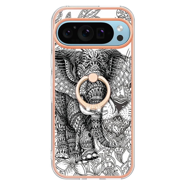 For Google Pixel 9 / 9 Pro Electroplating Dual-side IMD Phone Case with Ring Holder(Totem Elephant)