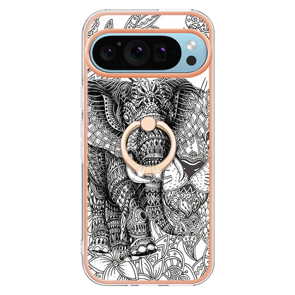 For Google Pixel 9 / 9 Pro Electroplating Dual-side IMD Phone Case with Ring Holder(Totem Elephant)