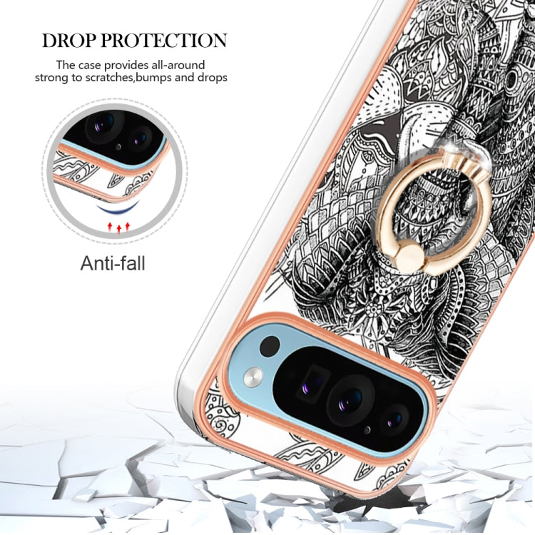 For Google Pixel 9 / 9 Pro Electroplating Dual-side IMD Phone Case with Ring Holder(Totem Elephant)