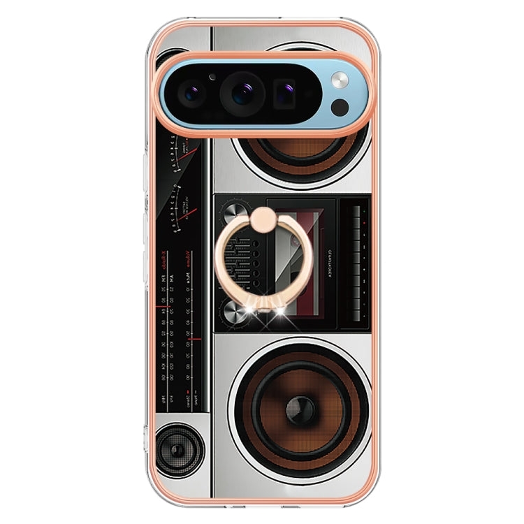 For Google Pixel 9 / 9 Pro Electroplating Dual-side IMD Phone Case with Ring Holder(Retro Radio)